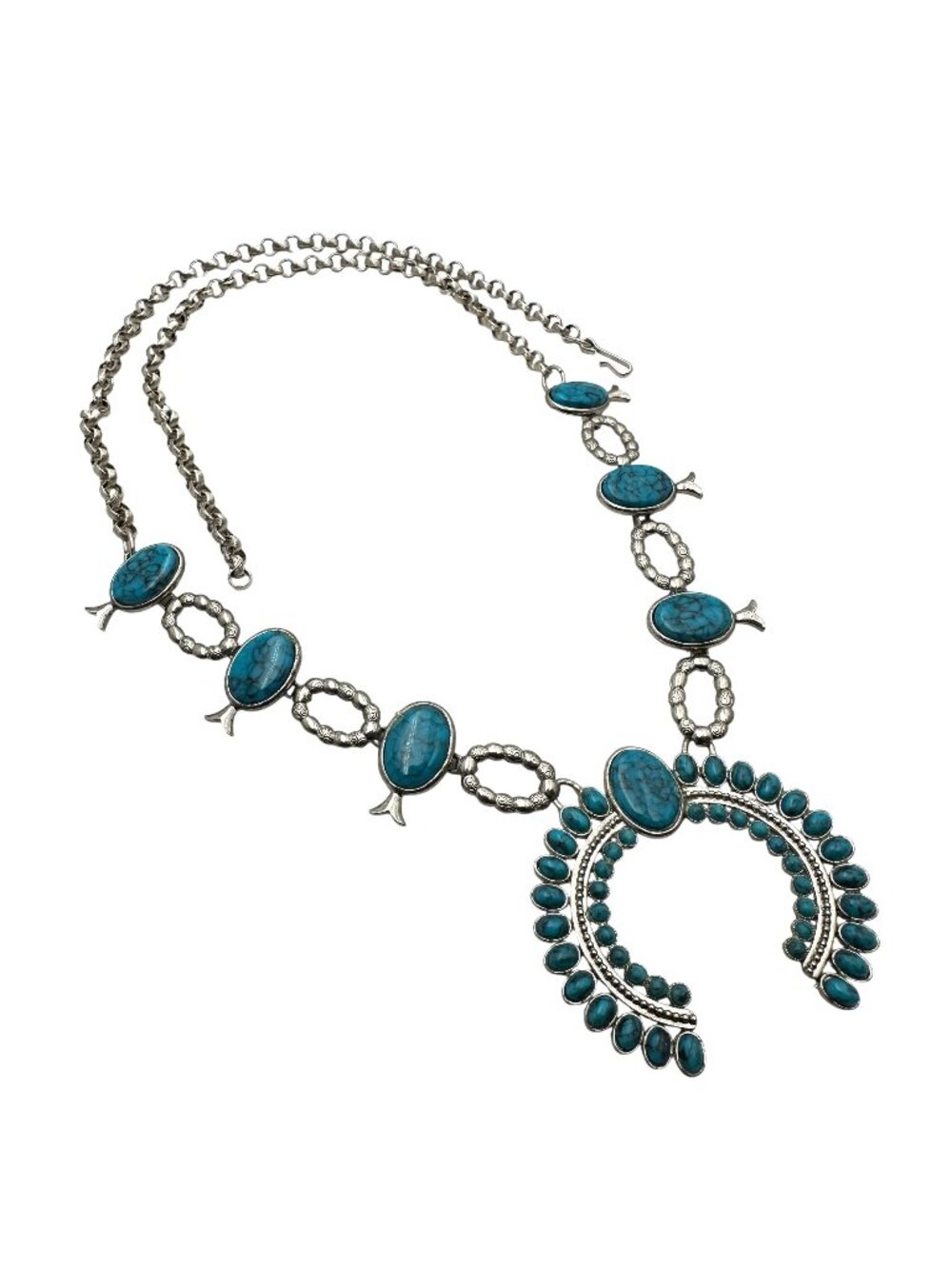 Vintage Squash Blossom Necklace Faux Turquoise Silver Tone